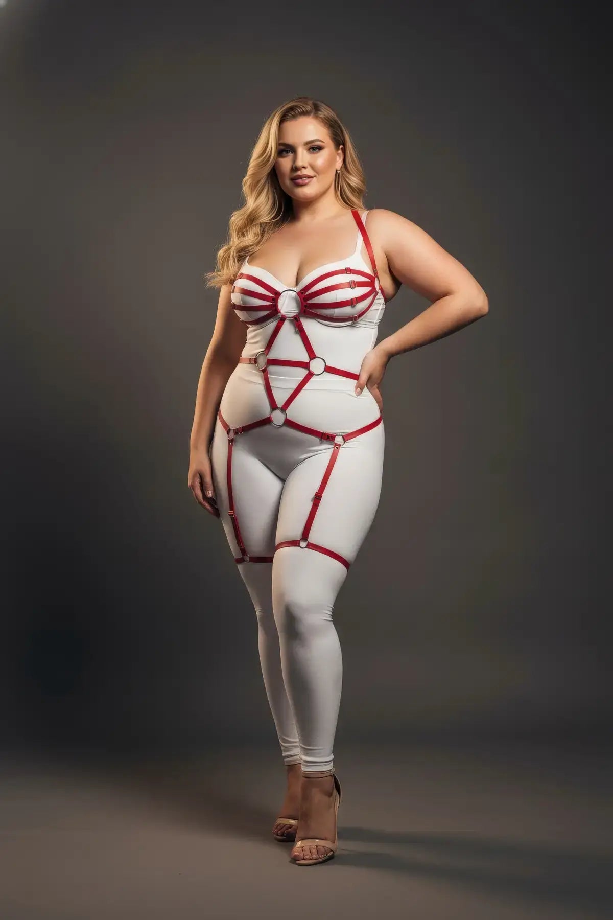 Plus-size red O-ring full-body faux leather garter harness on white bodysuit by HarnessClub