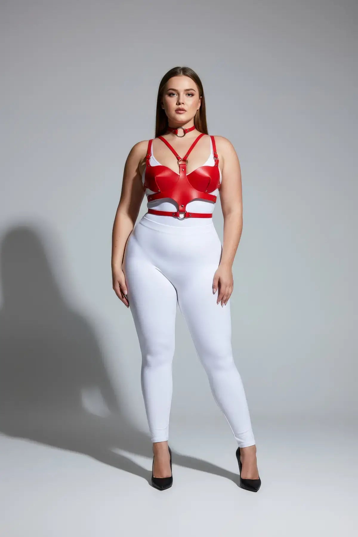Plus Size Red O-Ring Multi-Strap Faux Leather Chest Harness with metal ring