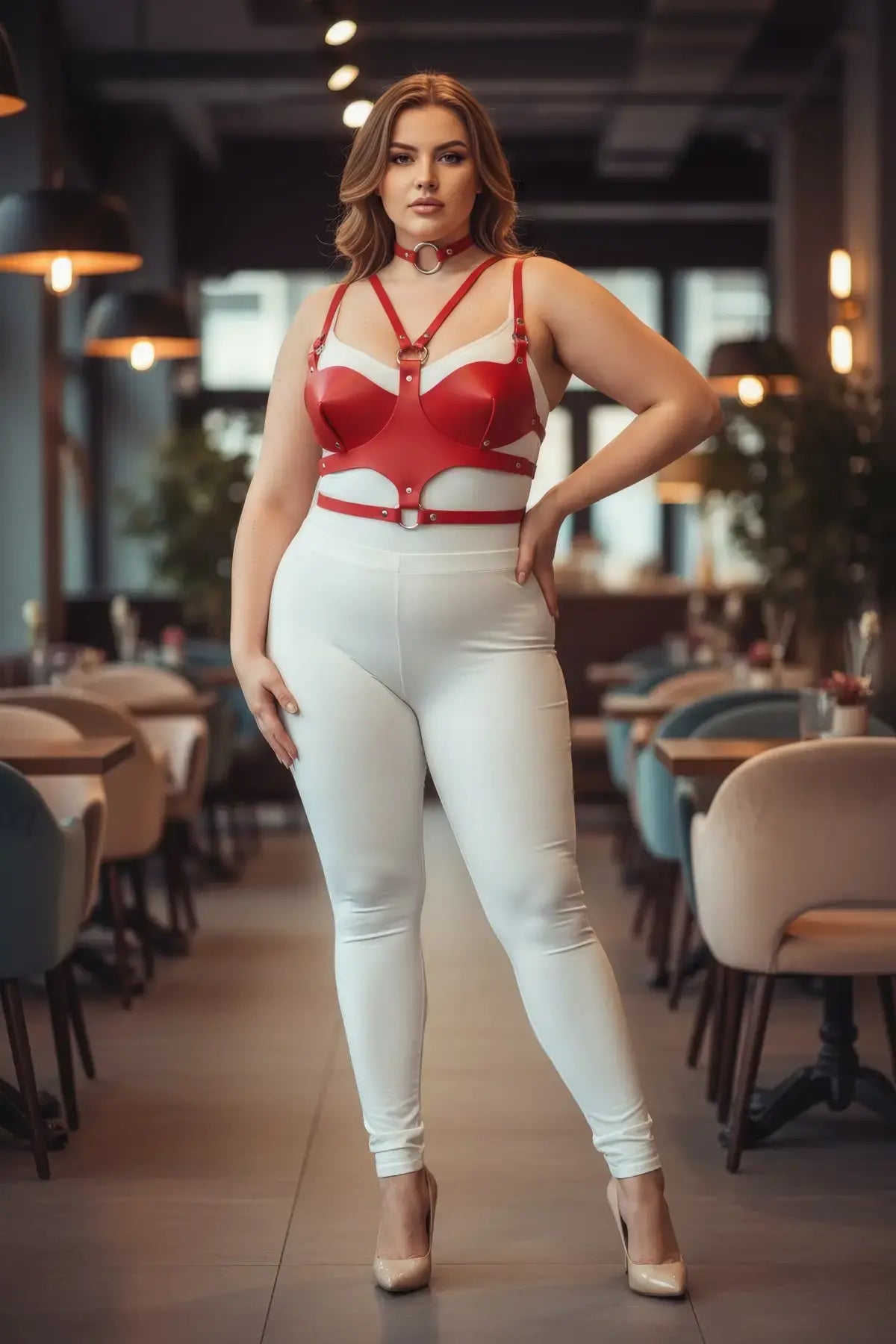 Plus-size red faux-leather chest harness with O-ring and multiple straps.