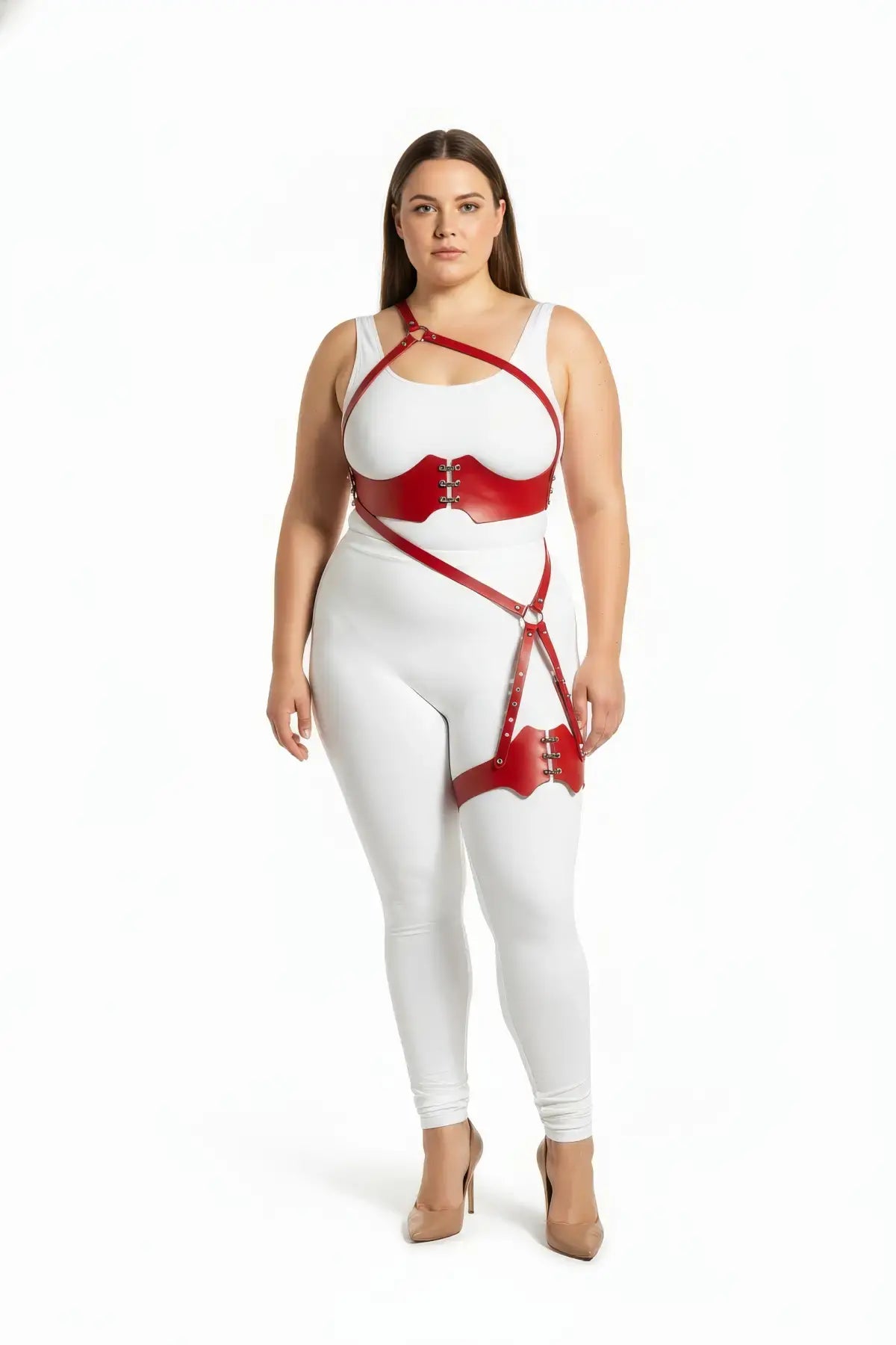 Plus Size Red One-Shoulder Bustier Harness with Scalloped Thigh Garter, vegan leather by HarnessClub