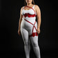 Plus-size red one-shoulder bustier harness with scalloped thigh garter in vegan leather by HarnessClub
