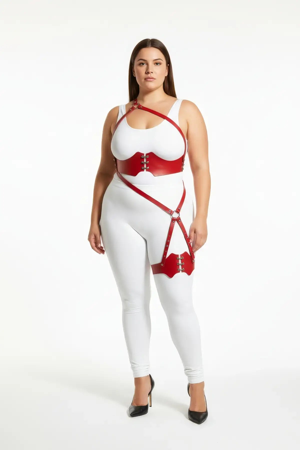Plus-Size Red One-Shoulder Bustier Harness with Scalloped Thigh Garter, vegan leather, by HarnessClub.