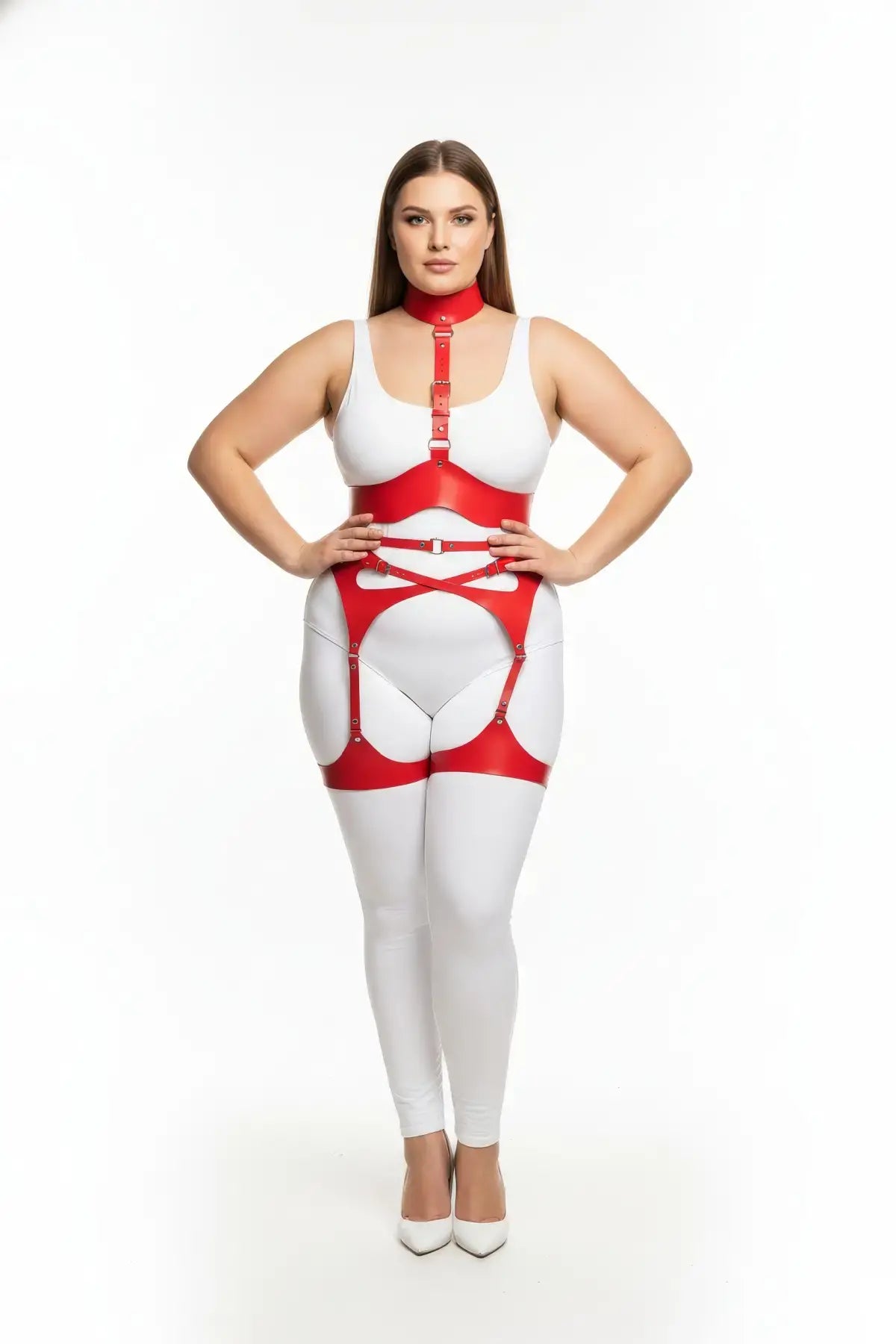 HarnessClub Plus Size Red Panelled Body Harness with Choker Collar and Thigh Frames in vegan leather