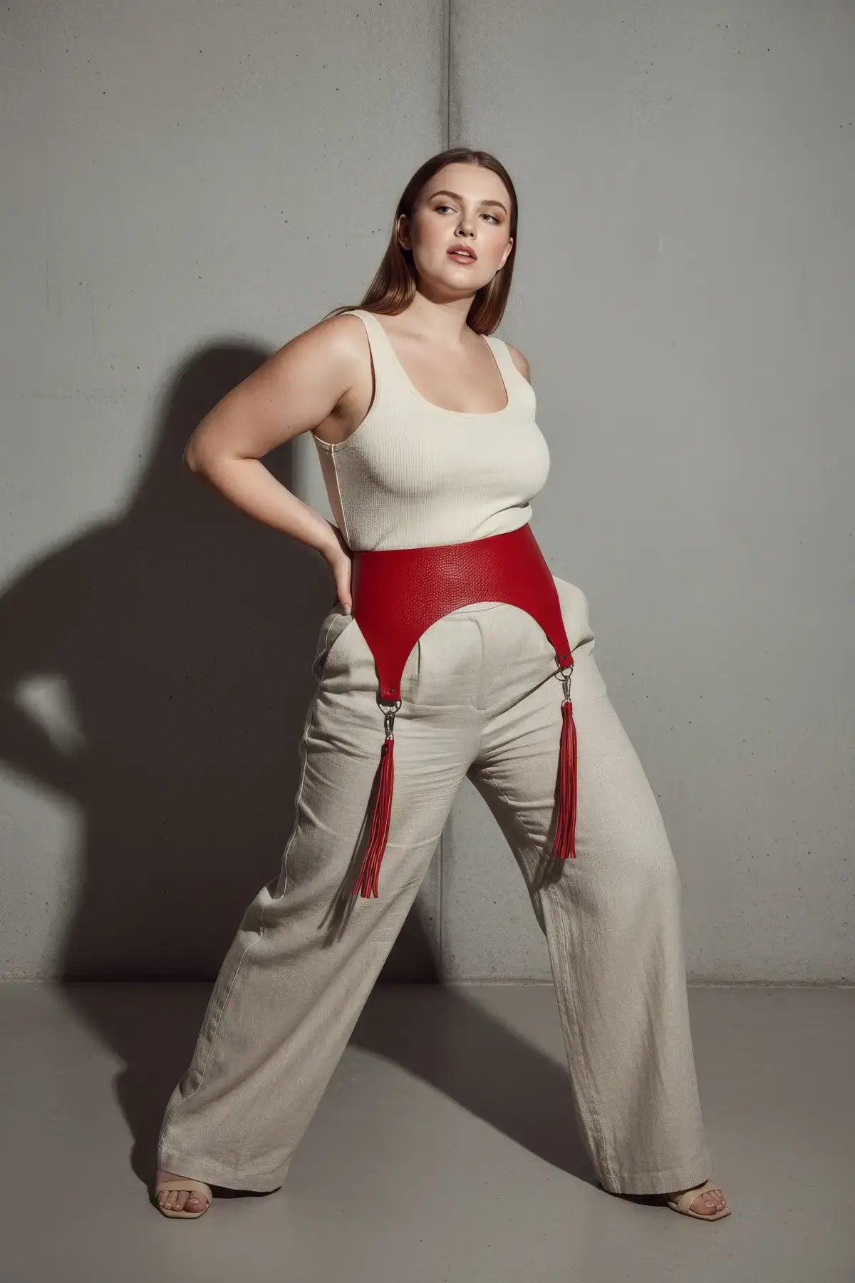 Plus size red pebbled wide corset waist belt with tassels, vegan leather by HarnessClub.