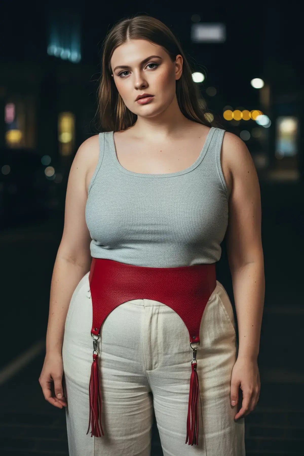 Plus-size red pebbled vegan-leather wide corset waist belt with tassels