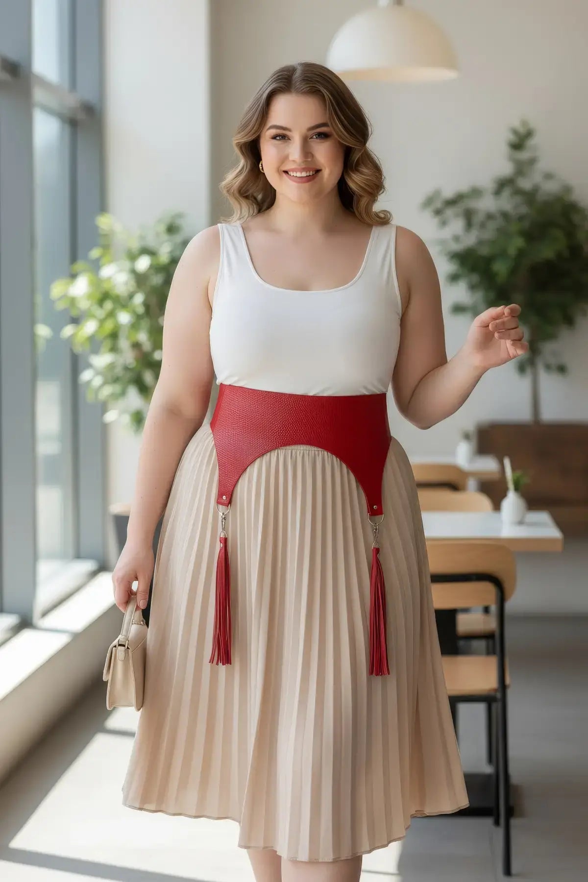 Plus-size red pebbled vegan-leather wide corset waist belt with tassels