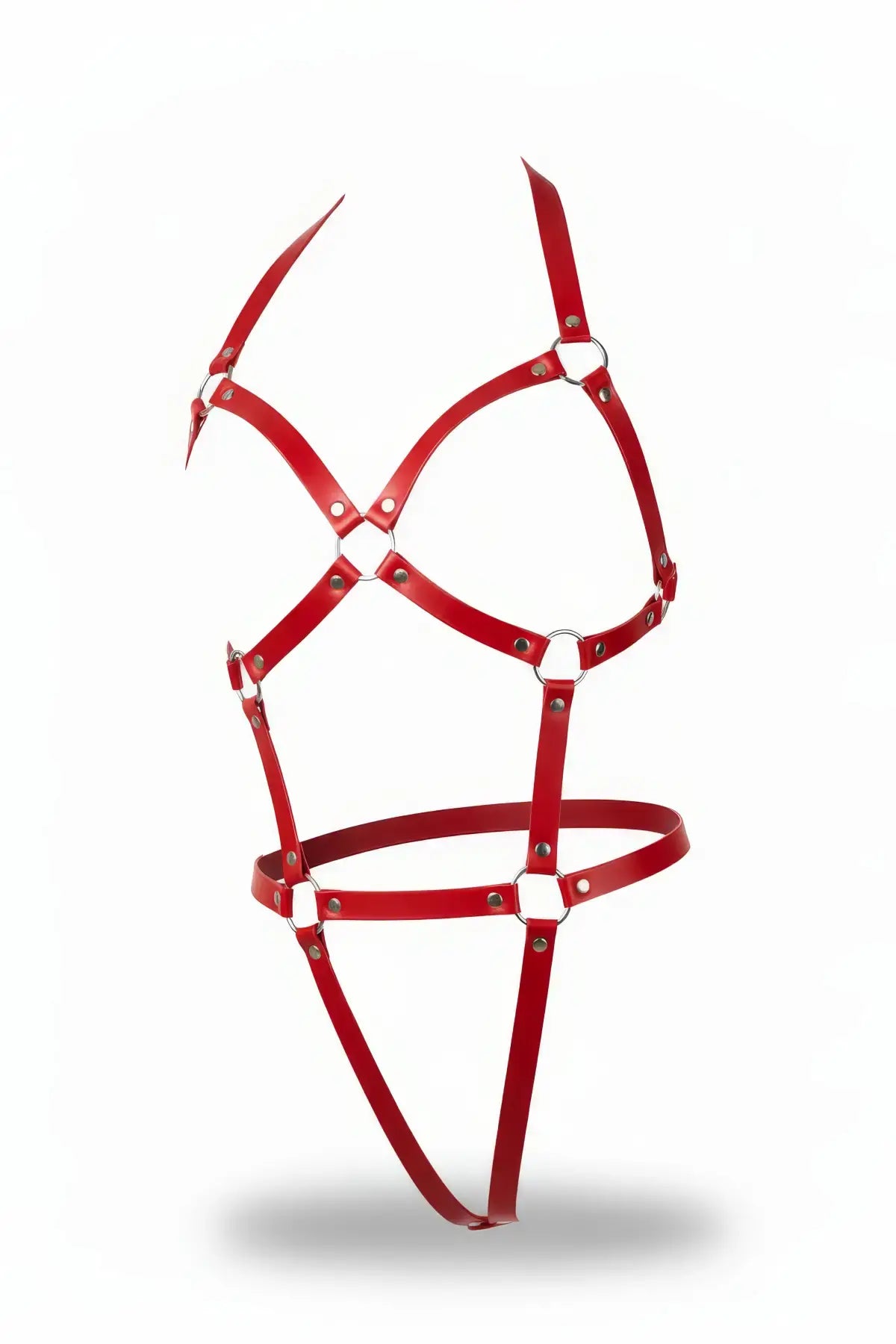 Plus-size red vegan-leather full-body cage harness by HarnessClub