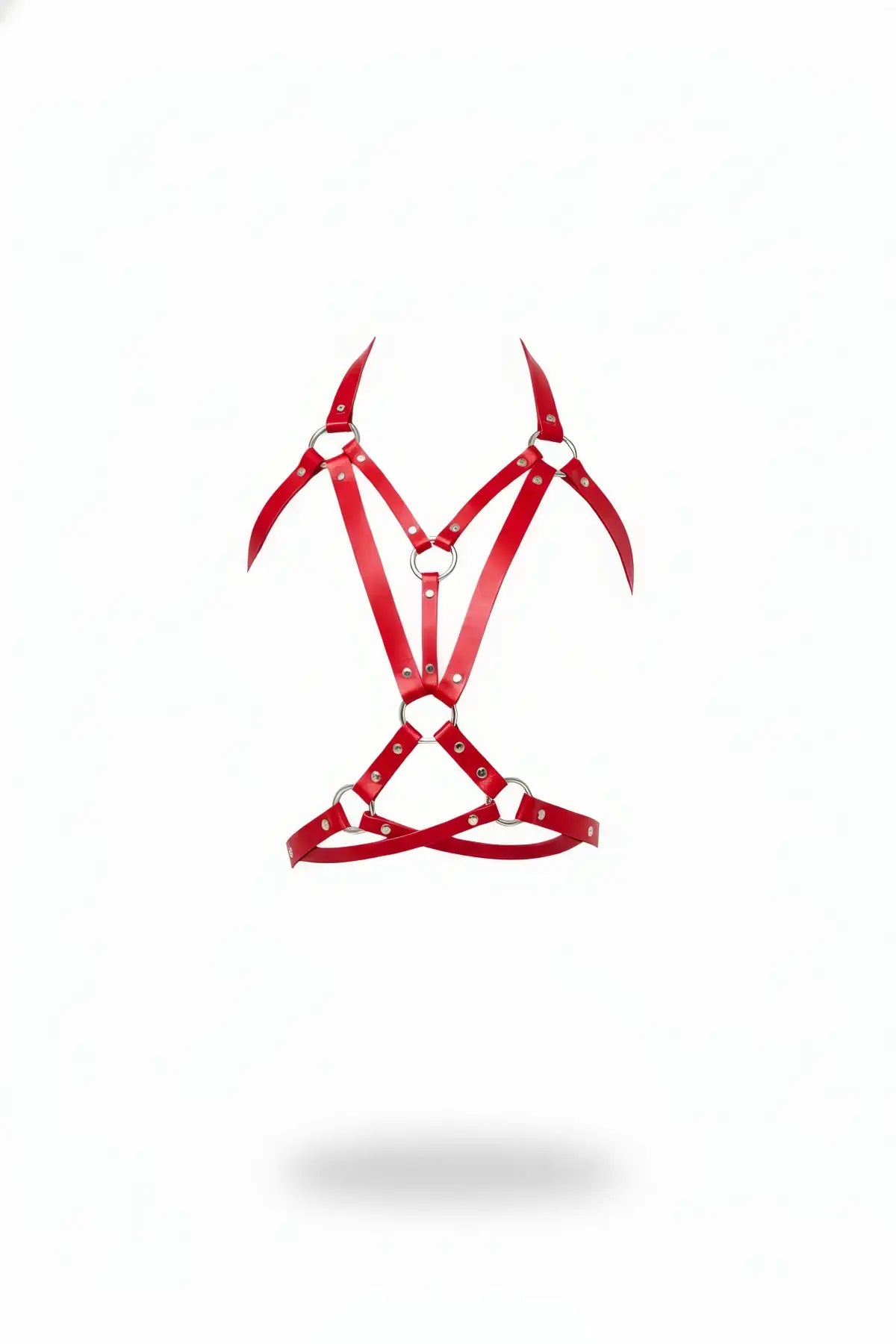 Plus-size red pointed-wing chest cage harness in vegan leather by HarnessClub