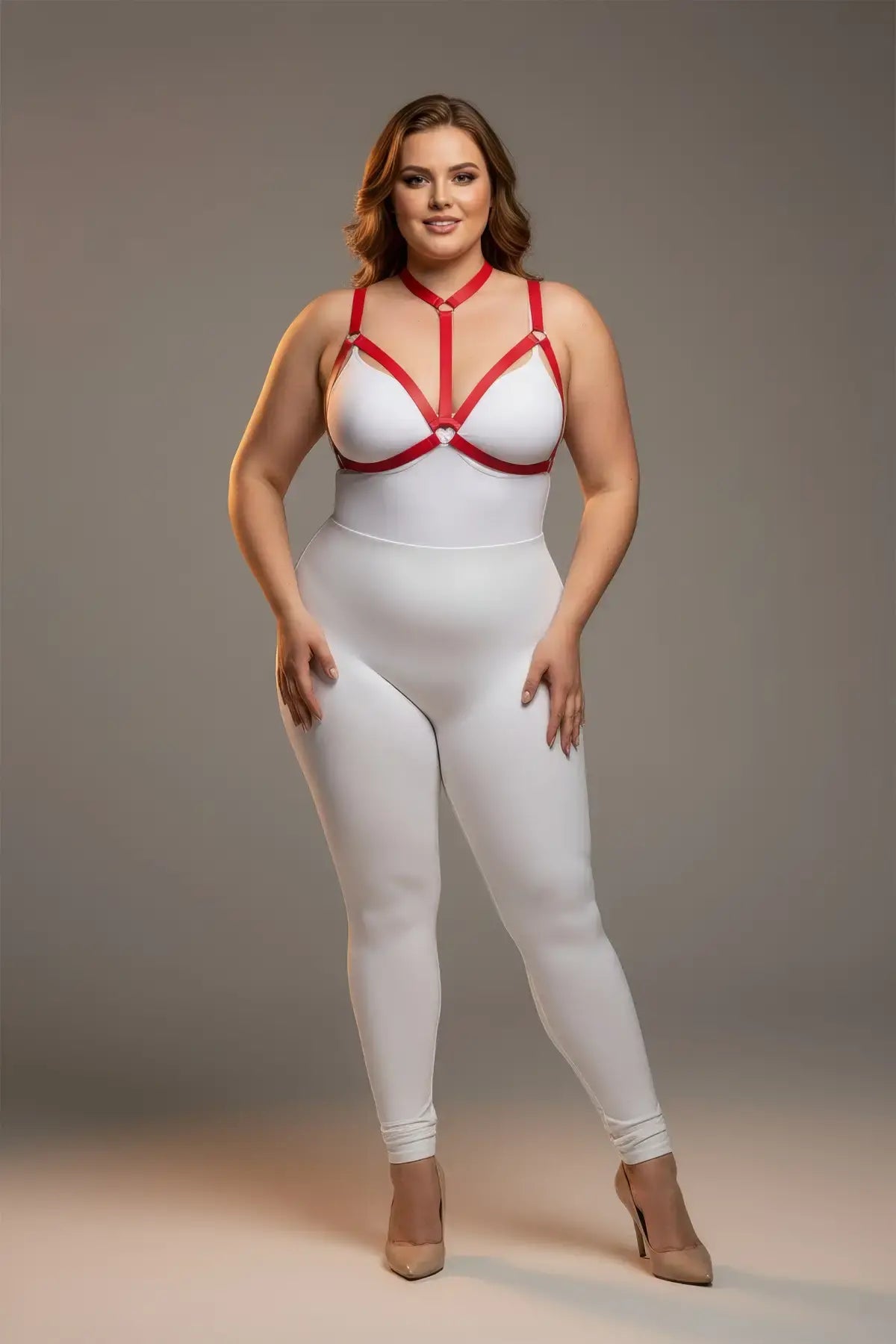 Plus Size Red Ring-Detail Elastic Chest Harness with halter neck straps