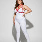 Chest harness, plus-size, red ring-detail elastic straps worn over white bodysuit