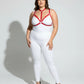Plus-size red ring-detail elastic chest harness by HarnessClub, worn over a white bodysuit