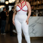 Plus Size Red Ring-Detail Elastic Chest Harness worn over white bodysuit by HarnessClub