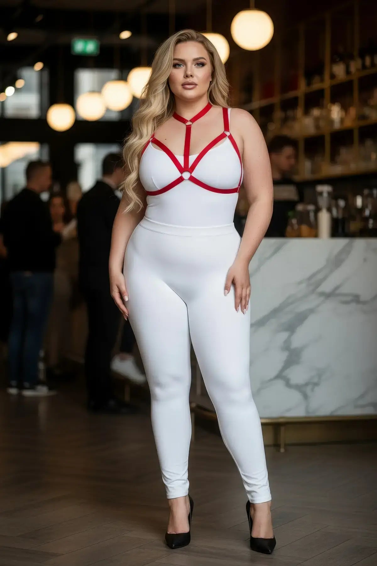 Plus Size Red Ring-Detail Elastic Chest Harness worn over white bodysuit by HarnessClub