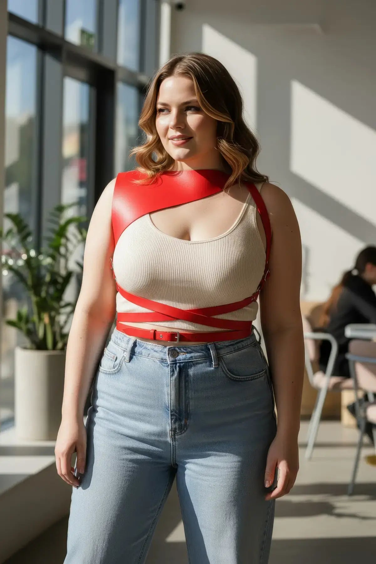 Plus Size red leather shoulder-detail body accessory by HarnessClub worn with wraparound straps