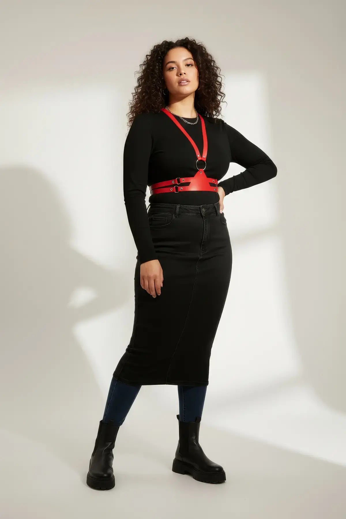 Plus-size red shoulder harness and corset waist set by HarnessClub, vegan leather body accessory.
