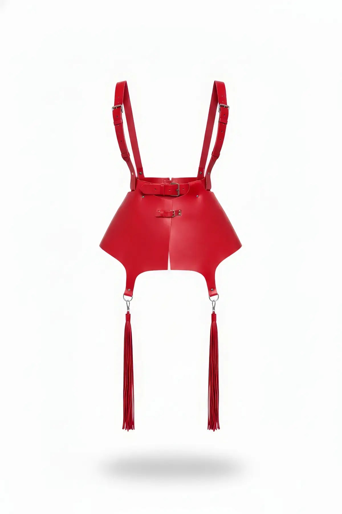 Plus-size red vegan leather apron skirt with shoulder straps and tassel drops by HarnessClub