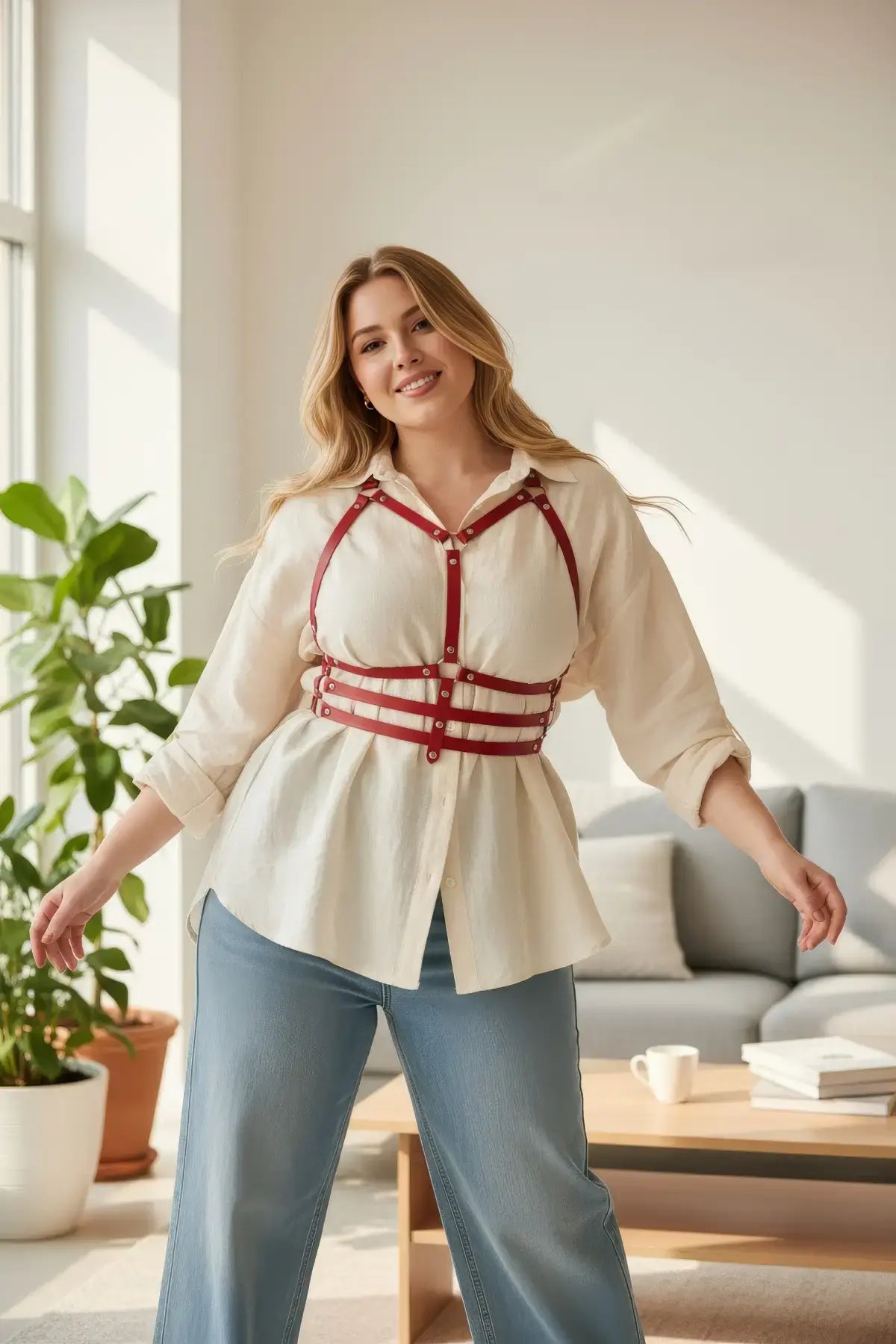 Plus-size red vegan-leather shoulder-strap corset harness worn over cream blouse in bright living room.