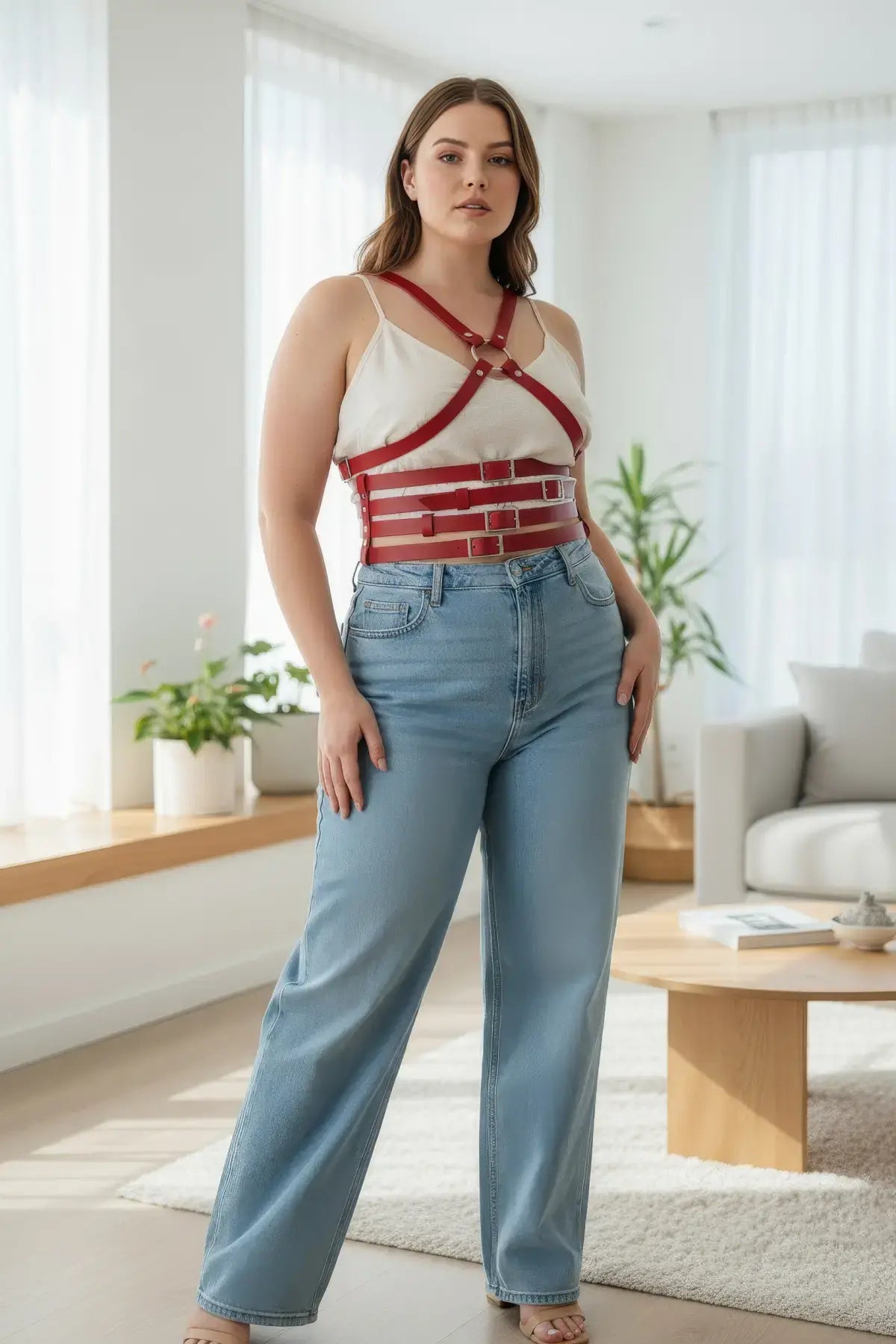 Plus-size HarnessClub red leather shoulder-strap corset harness worn over a white top and jeans.