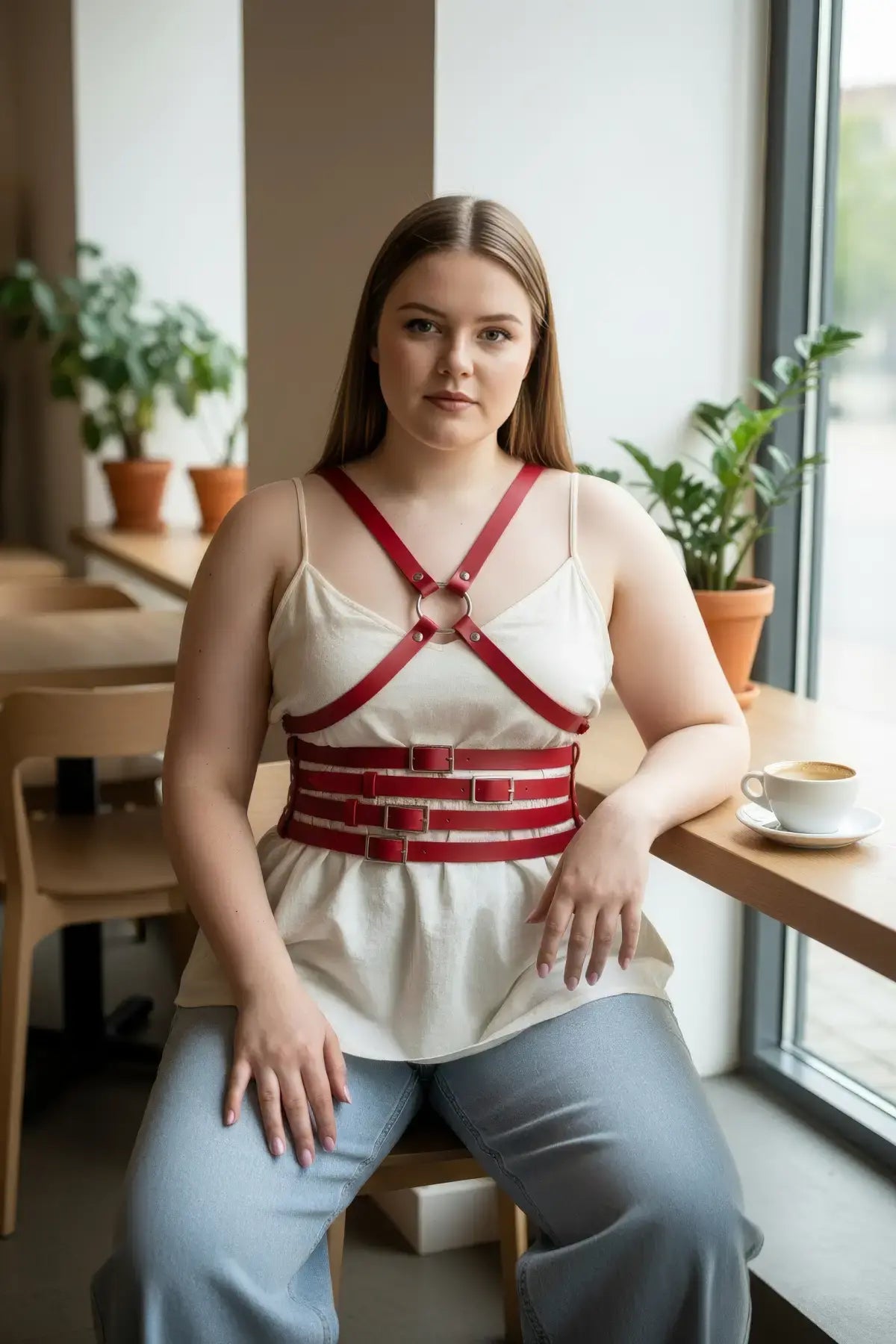 Plus-size red shoulder-strap corset-look leather body accessory by HarnessClub