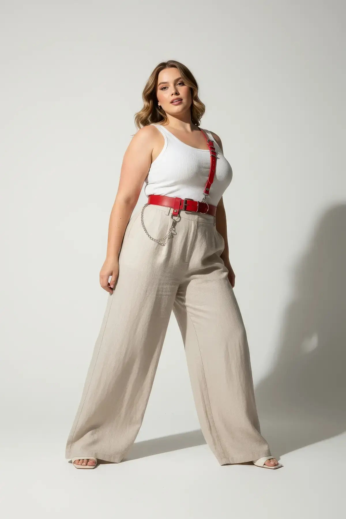 Plus size red shoulder strap harness belt by HarnessClub with vegan leather chain detail