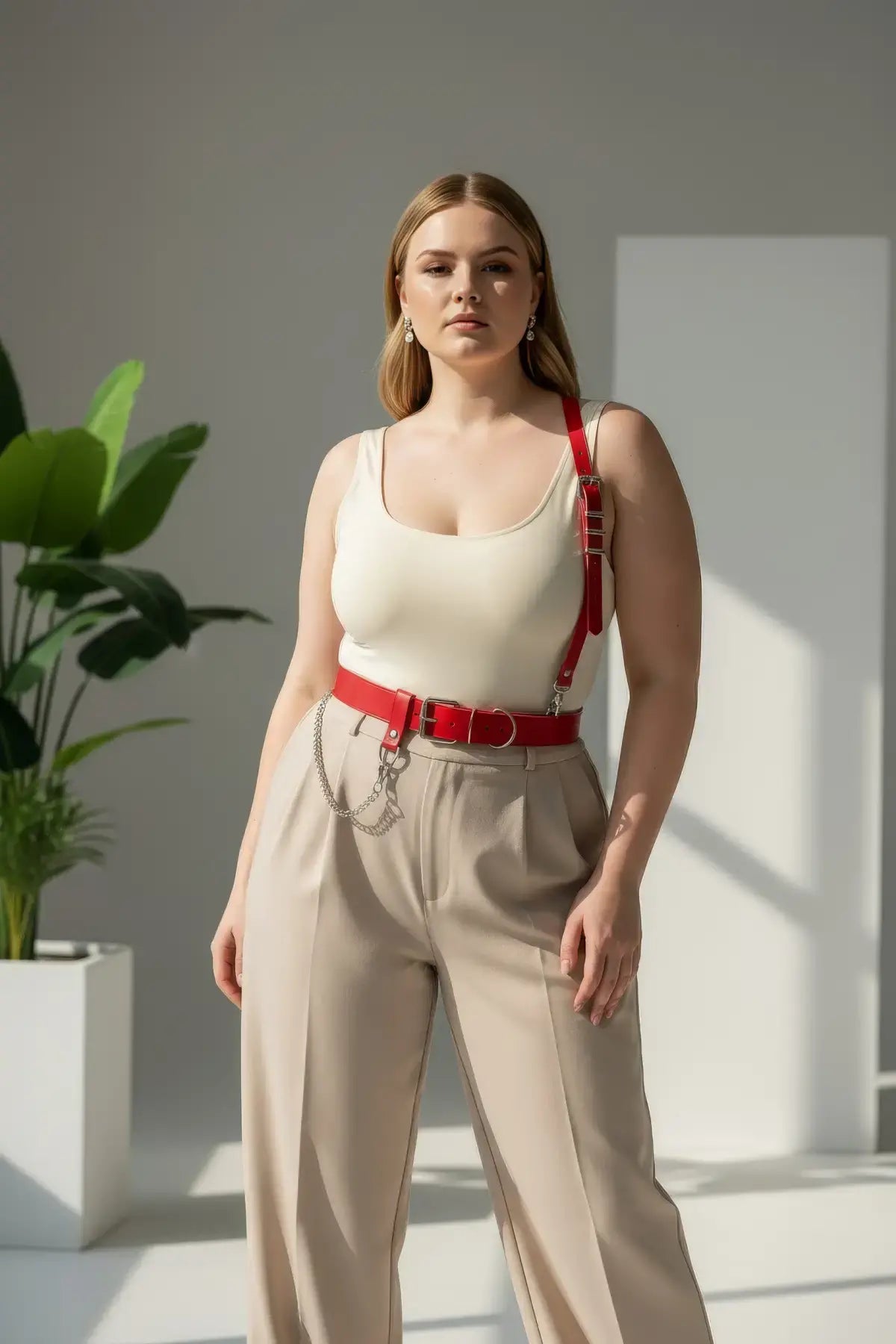 Plus size red shoulder strap harness belt with vegan leather and chain detail, worn over a white tank top with beige trousers.