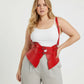 Plus-size red vegan leather shoulder-strap harness vest with double buckles and peplum waist cincher for edgy fashion