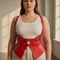 Plus size red vegan leather shoulder strap harness vest with double buckles and peplum waist cincher by HarnessClub