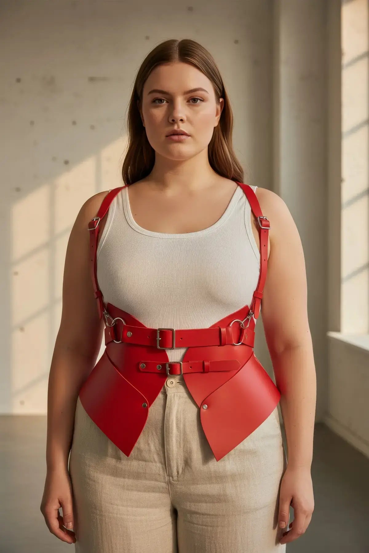 Plus size red vegan leather shoulder strap harness vest with double buckles and peplum waist cincher by HarnessClub