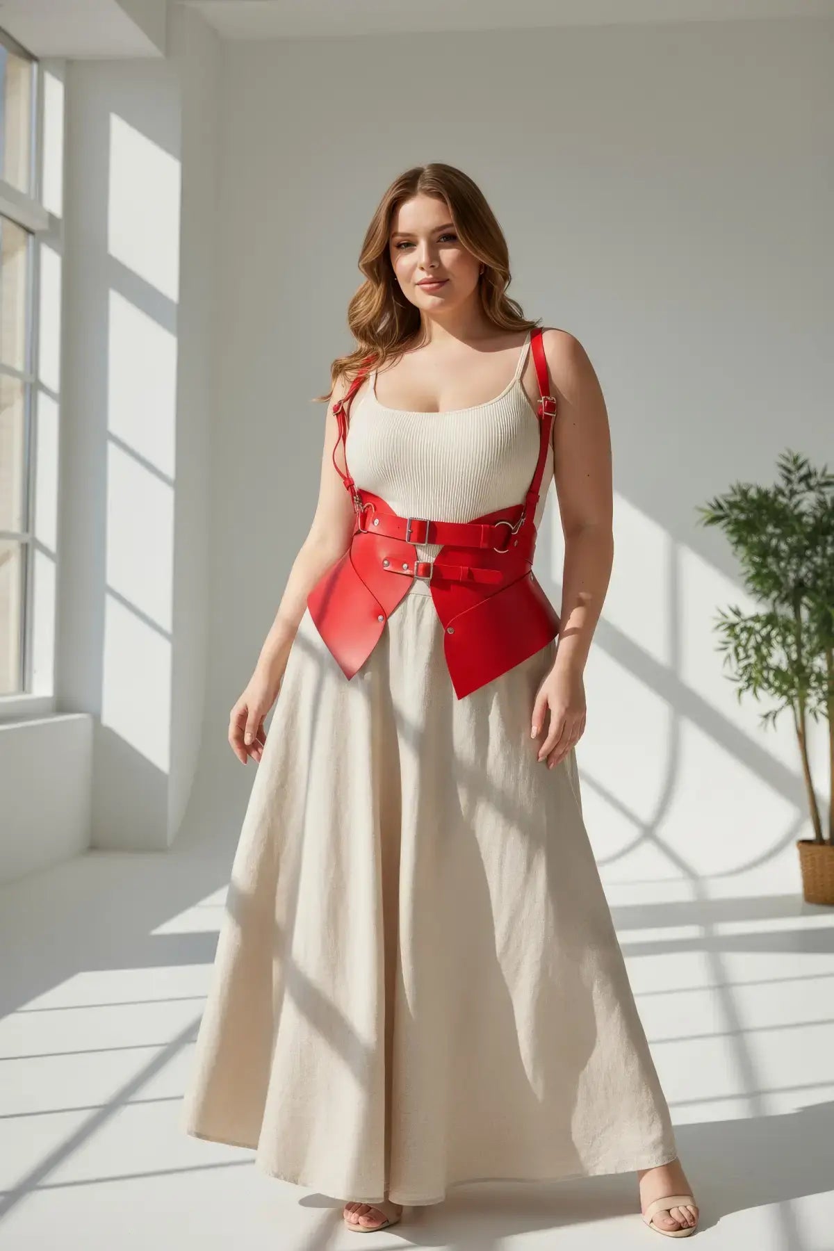 Plus-size red vegan leather shoulder strap harness vest by HarnessClub with double-buckle peplum waist cincher