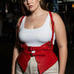 Plus-size red shoulder-harness vest in vegan leather with double buckles and peplum waist cincher