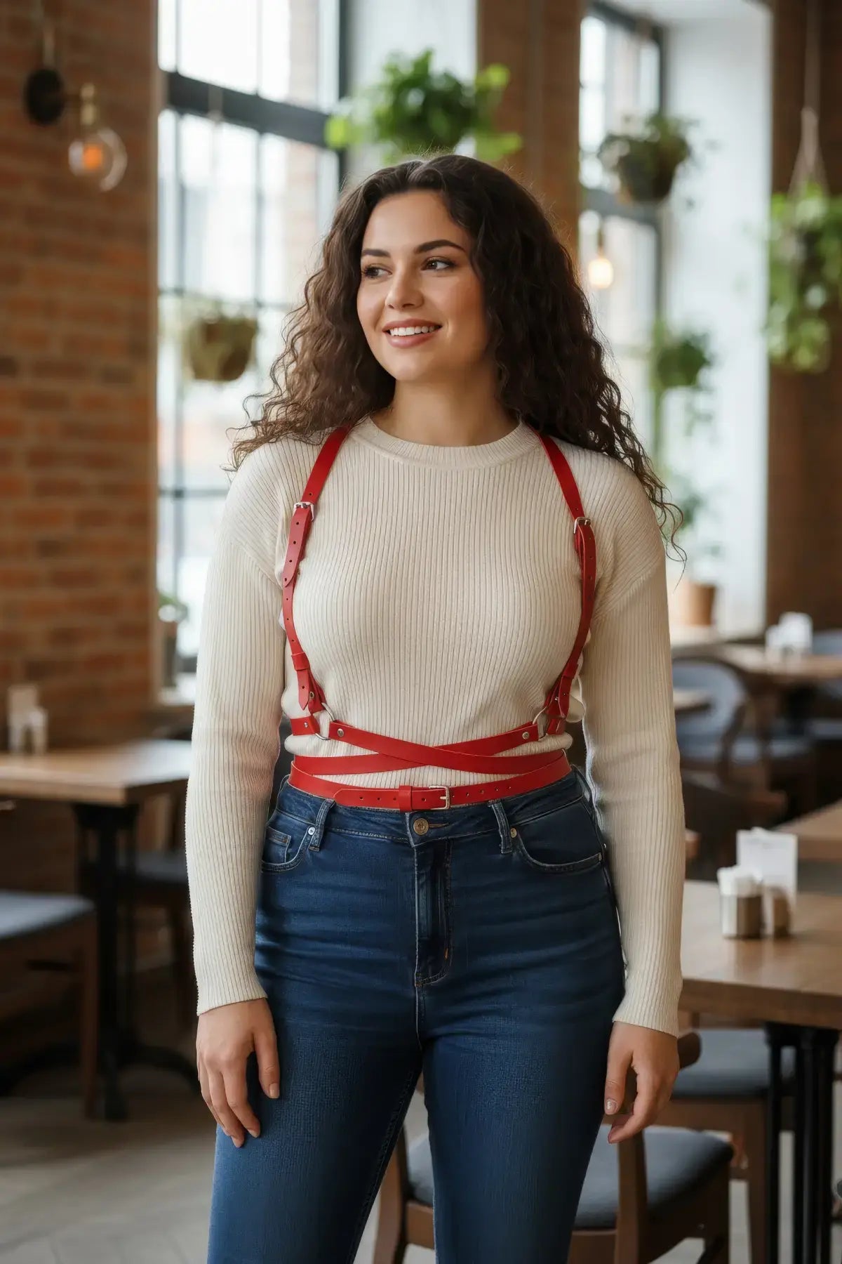 Plus-size red vegan-leather waist harness with shoulder straps by HarnessClub