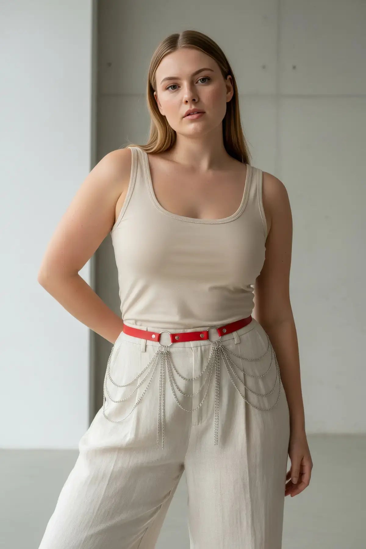 Plus Size Red Slim Belt with Cascading Silver Chains by HarnessClub, vegan leather waist belt