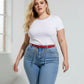 Plus-size red slim belt with cascading silver chains by HarnessClub, vegan leather.