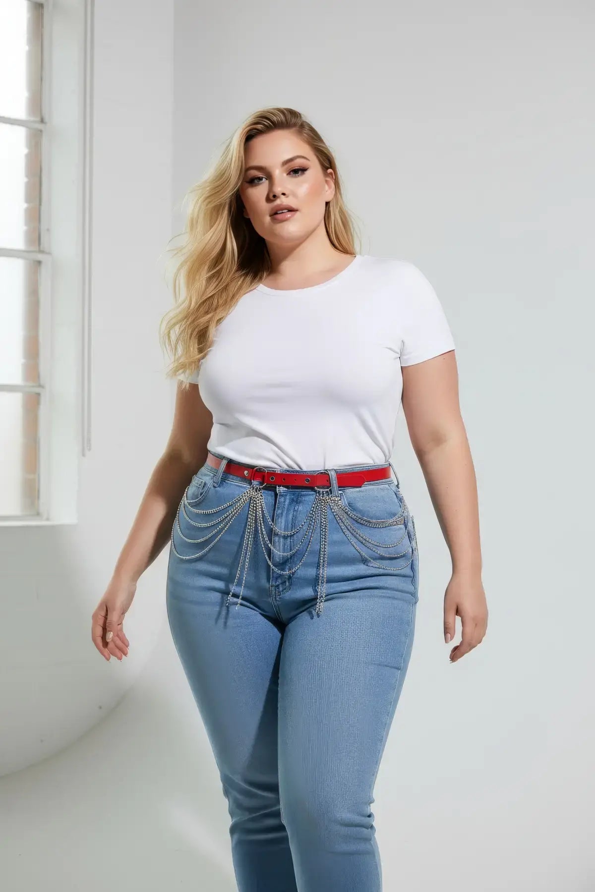 Plus-size red slim belt with cascading silver chains by HarnessClub, vegan leather.