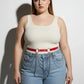 Plus-size red vegan leather slim belt with cascading silver chains