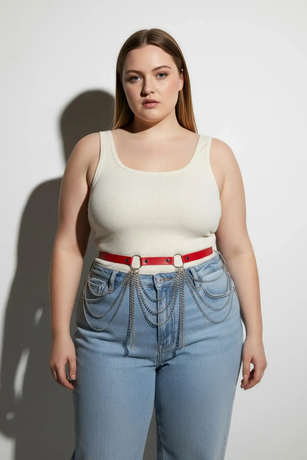 Plus-size red vegan leather slim belt with cascading silver chains
