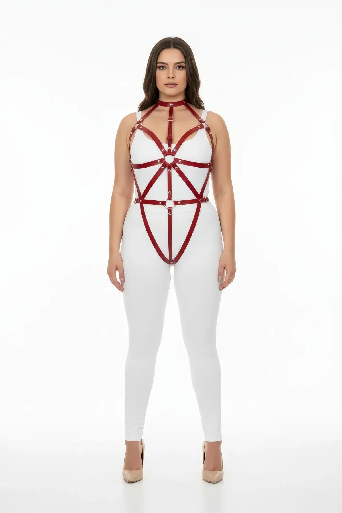 Plus-size red spoke-design vegan leather full-body harness with choker worn by model, central ring and silver hardware