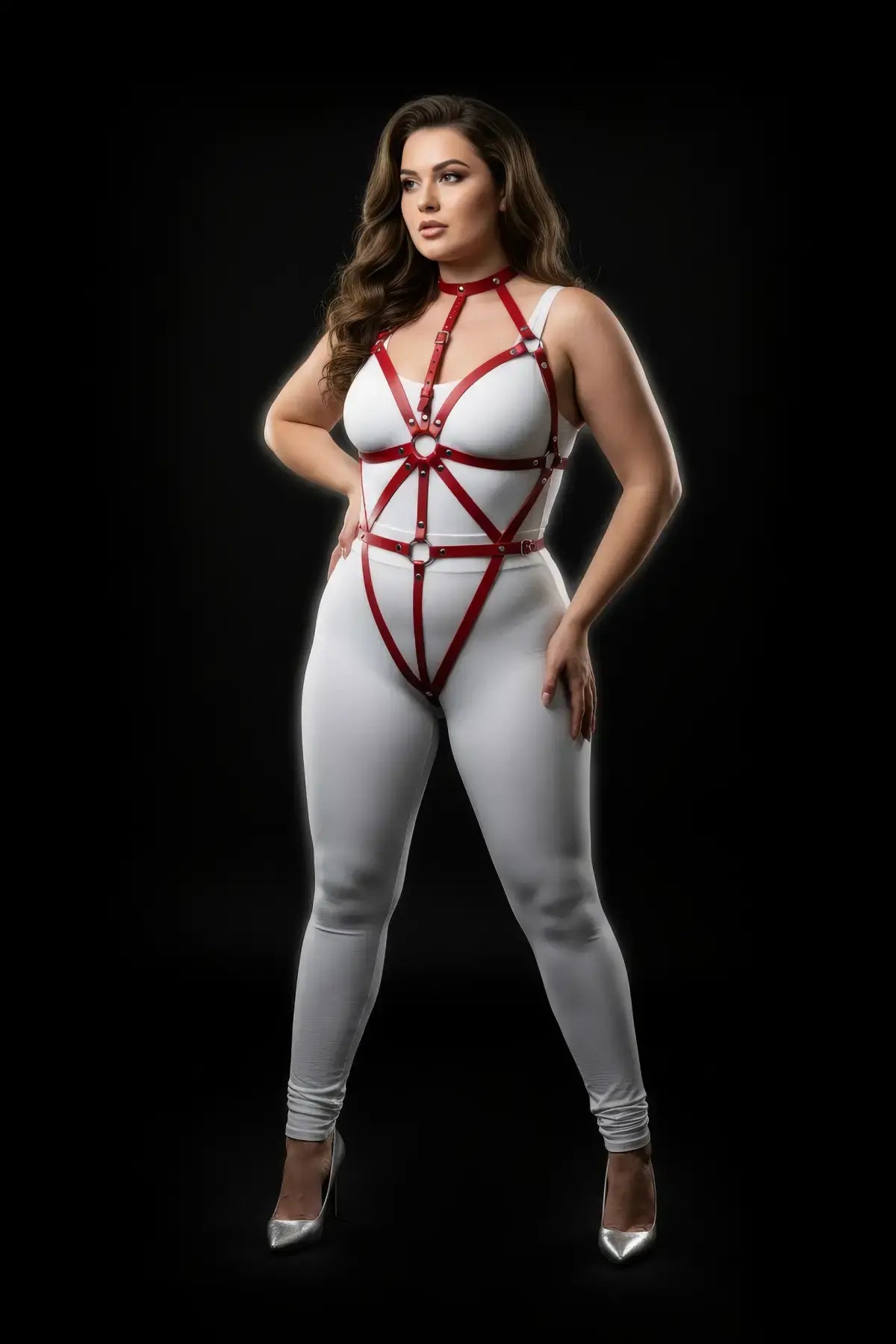 Plus-size red vegan leather full-body harness with choker, spoke-design, by HarnessClub