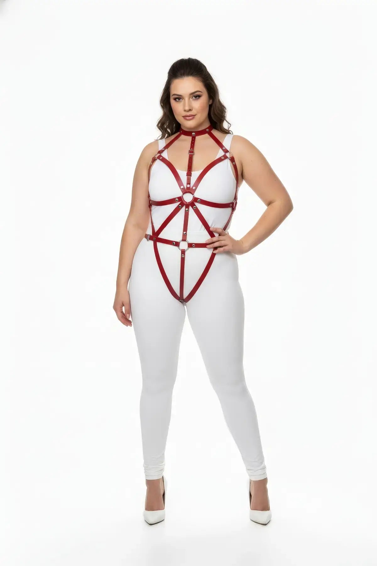 Plus-size red vegan leather full-body harness with choker and spoke design