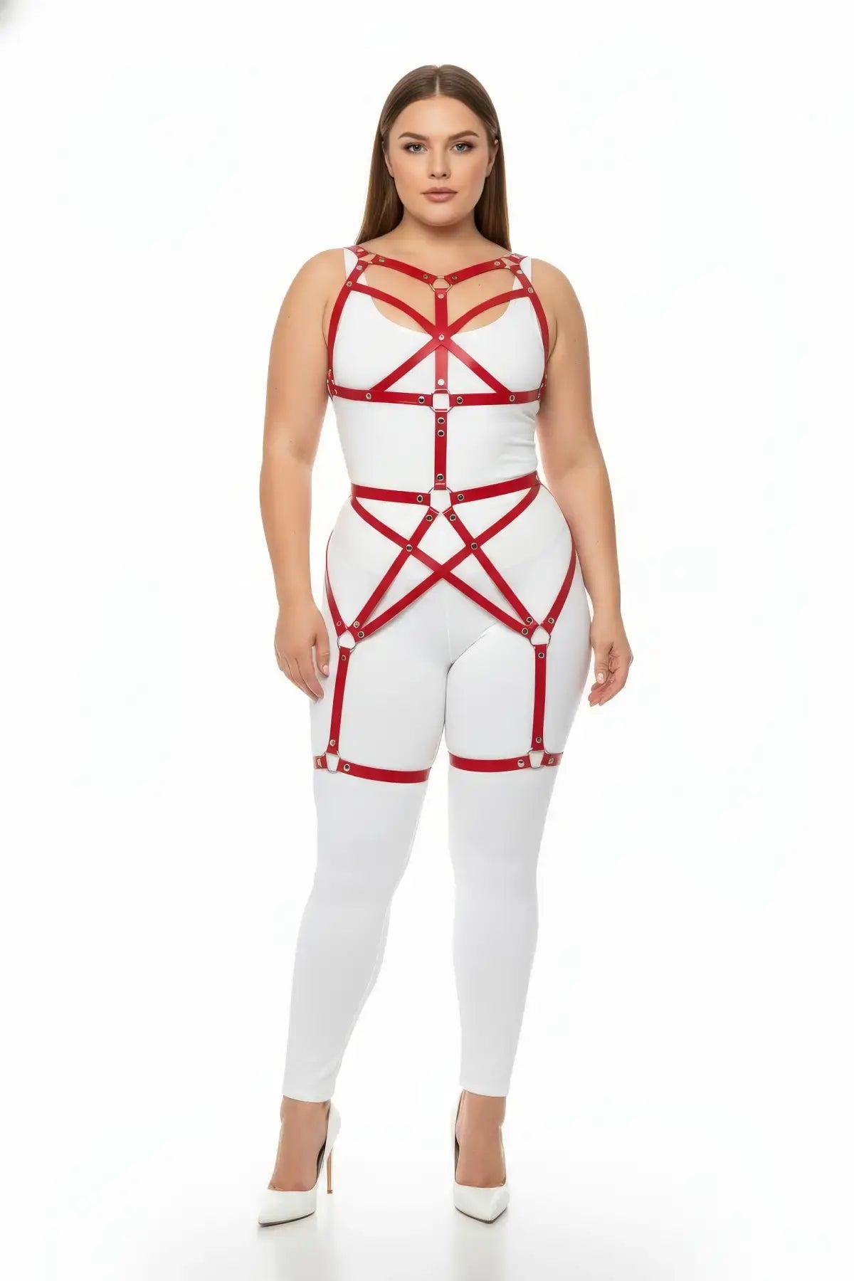 Plus Size Red Star-Web Cage Full Body Harness, vegan leather by HarnessClub, worn over white bodysuit