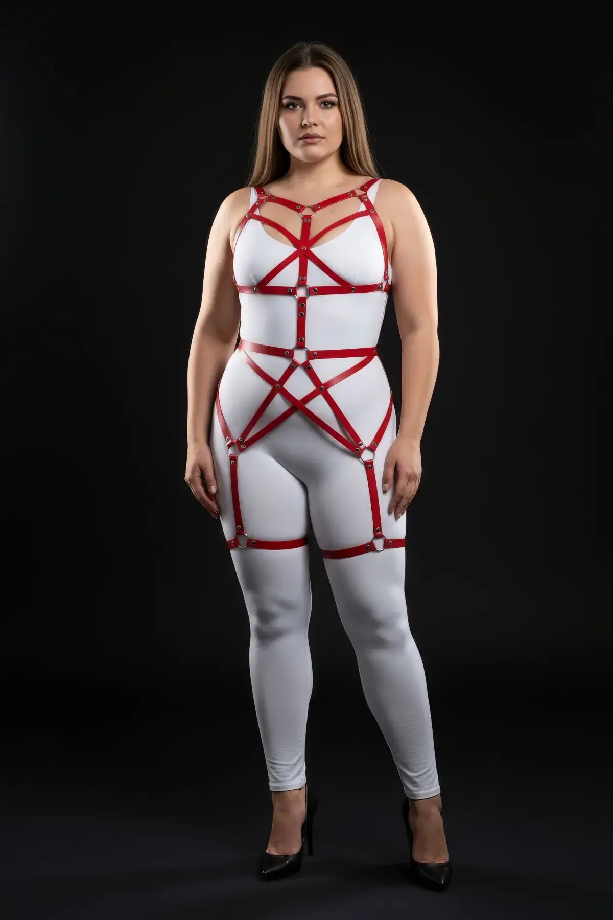 Plus Size Red Star-Web Cage Full Body Harness by HarnessClub in vegan leather