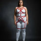 Plus Size Red Star-Web Cage Full Body Harness by HarnessClub, red vegan leather, worn by model.