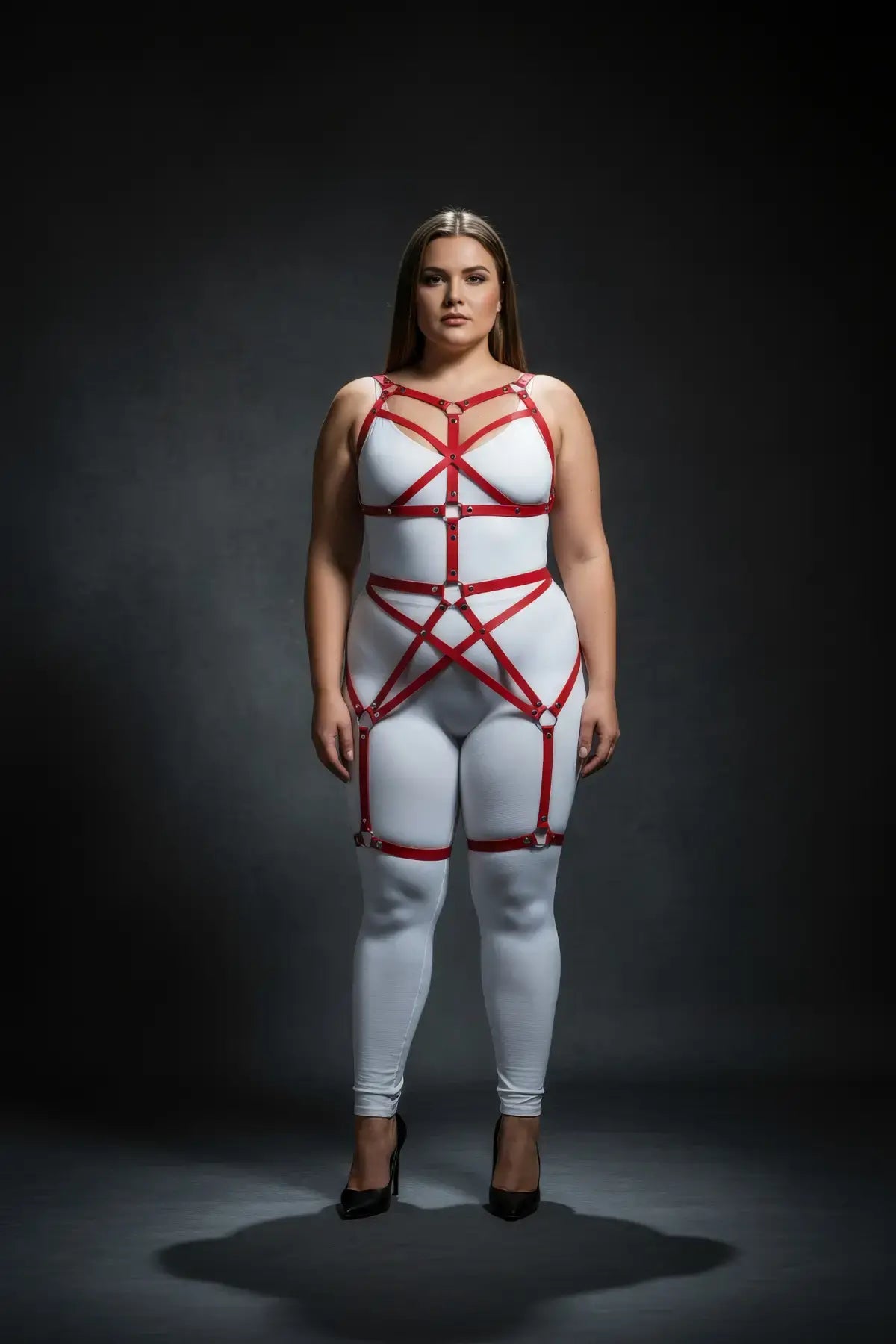 Plus Size Red Star-Web Cage Full Body Harness by HarnessClub, red vegan leather, worn by model.