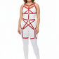 Plus-size red vegan-leather star-web cage full-body harness worn by model.