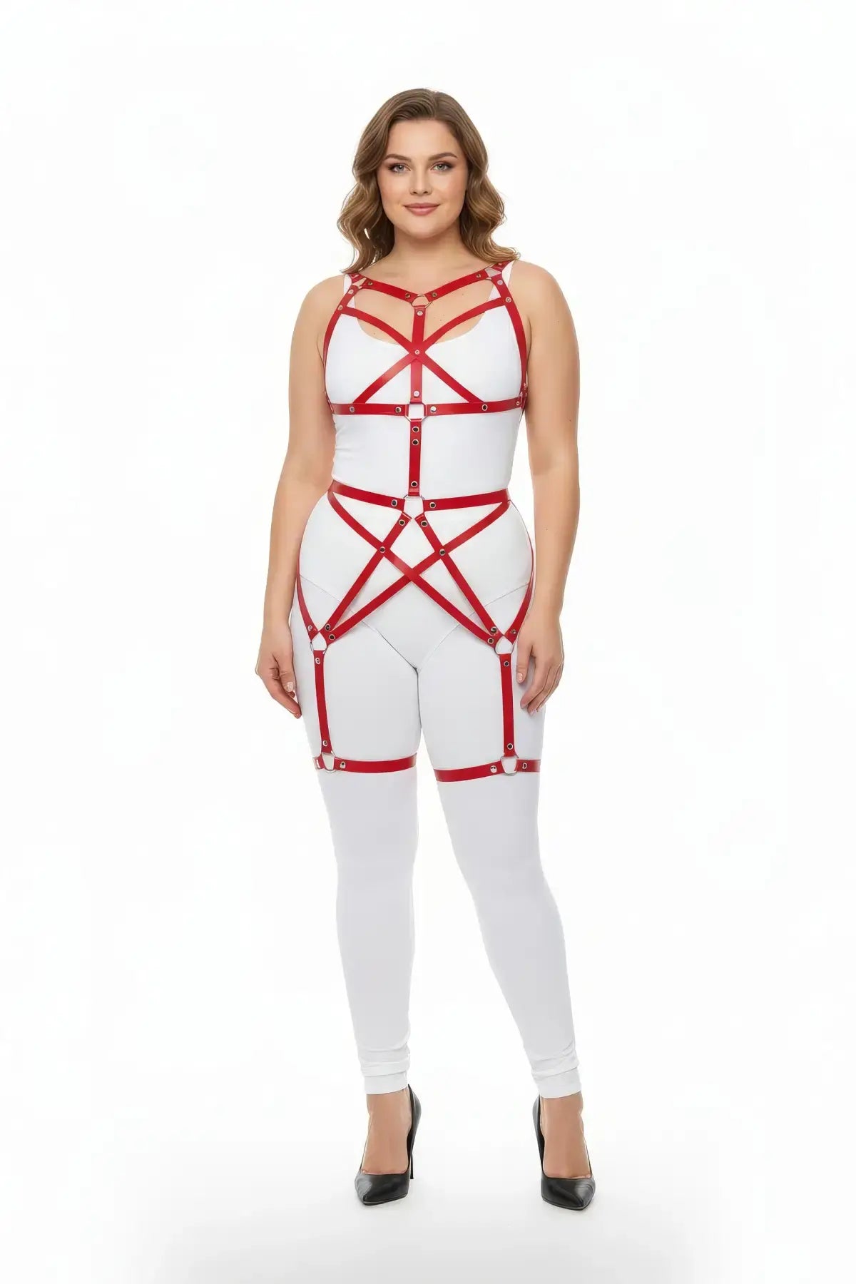 Plus-size red vegan-leather star-web cage full-body harness worn by model.