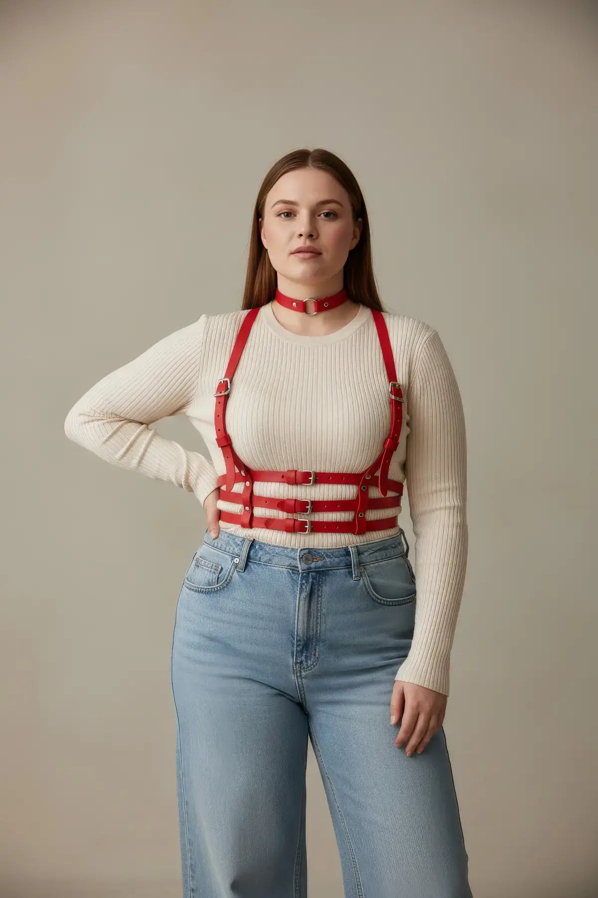Plus Size Red Strappy Body Harness by HarnessClub with vegan leather choker and multi-buckle straps.