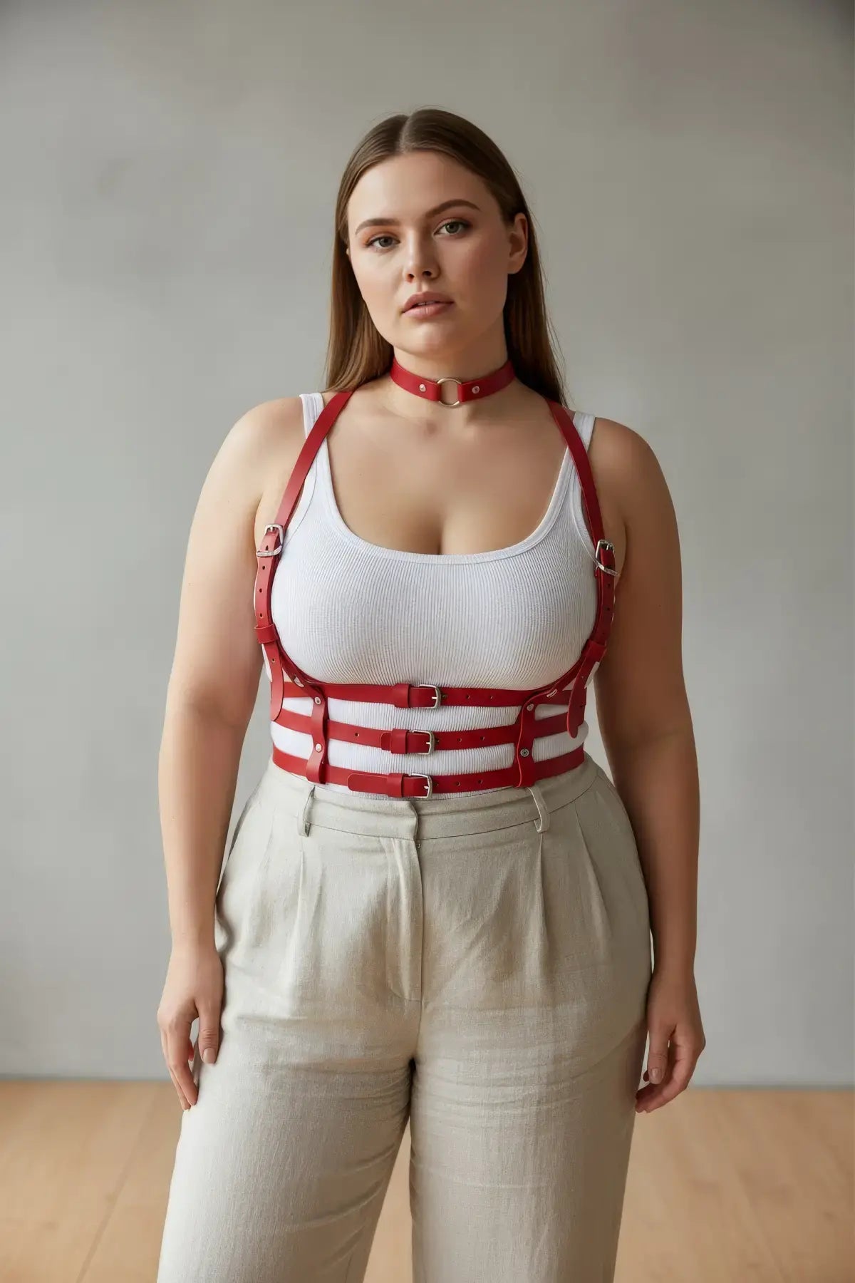 Plus size red strappy body harness with vegan leather choker and multiple buckles worn over a white tank top.