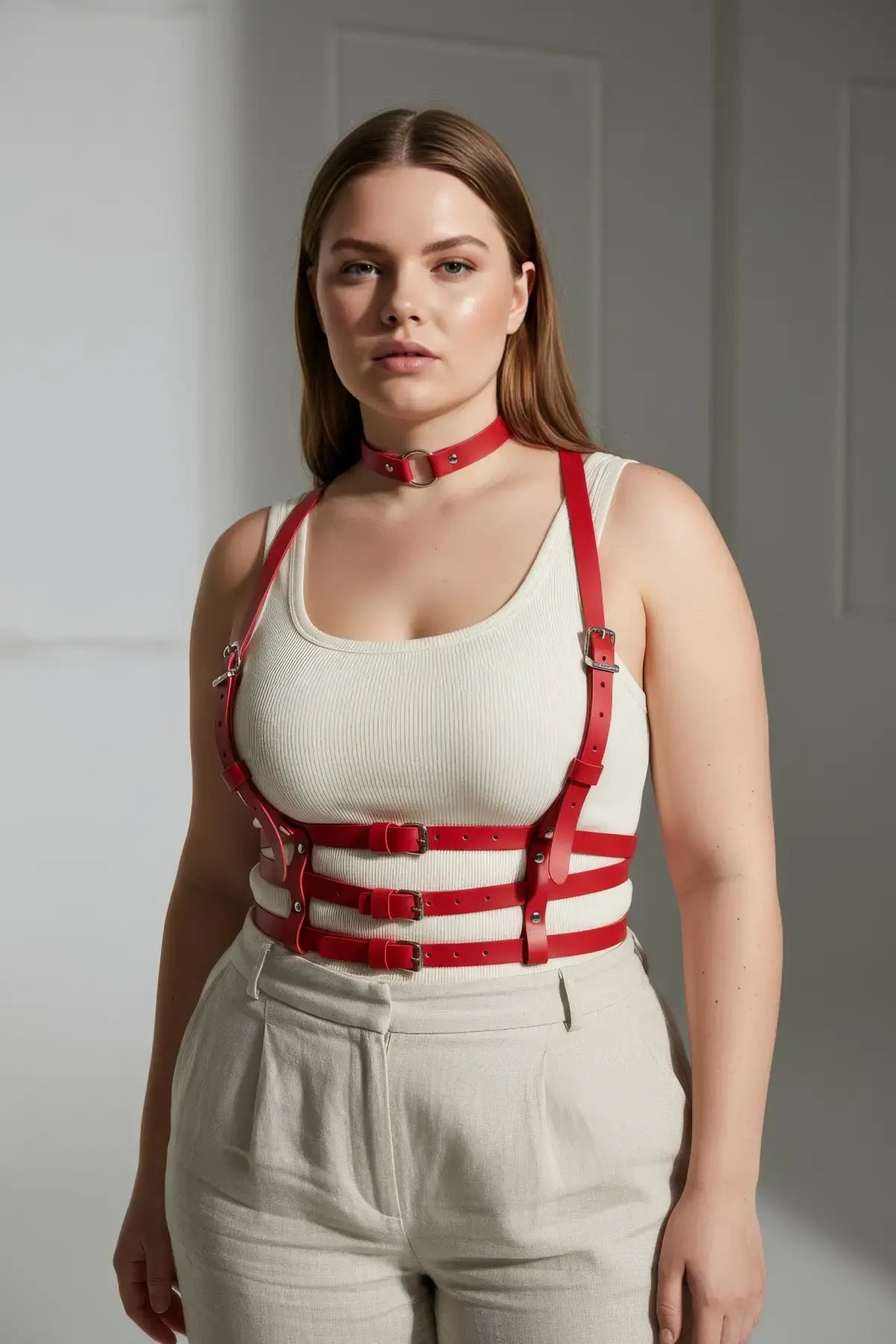 Plus-Size Red Strappy Body Harness with vegan leather choker and multi-buckle straps by HarnessClub
