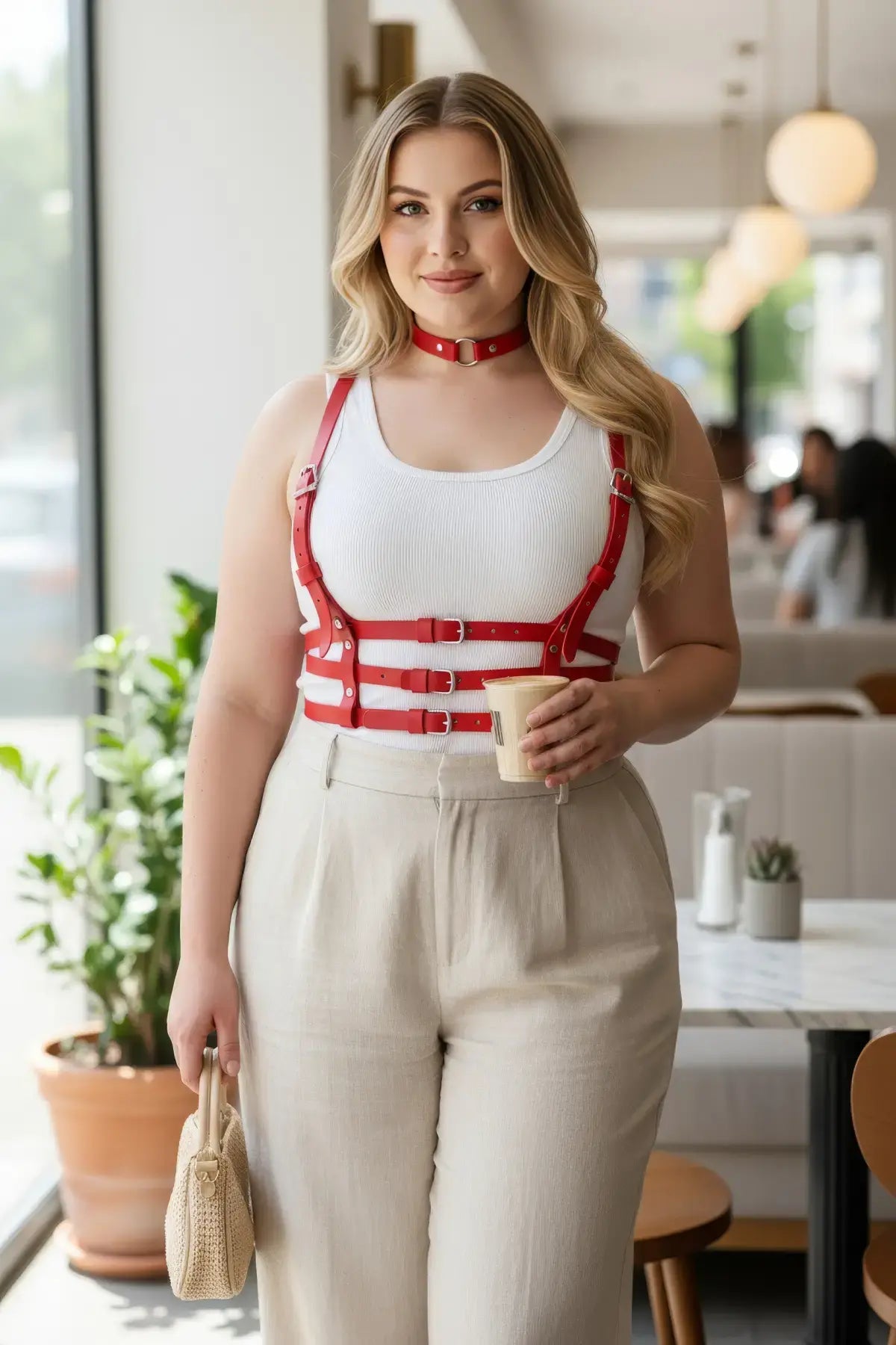 Plus Size Red Strappy Body Harness by HarnessClub with vegan leather choker and buckled torso straps