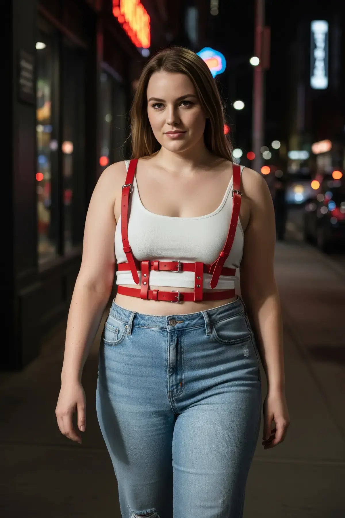 Plus-size red leather body harness with multiple straps and buckles worn over a white tank top.
